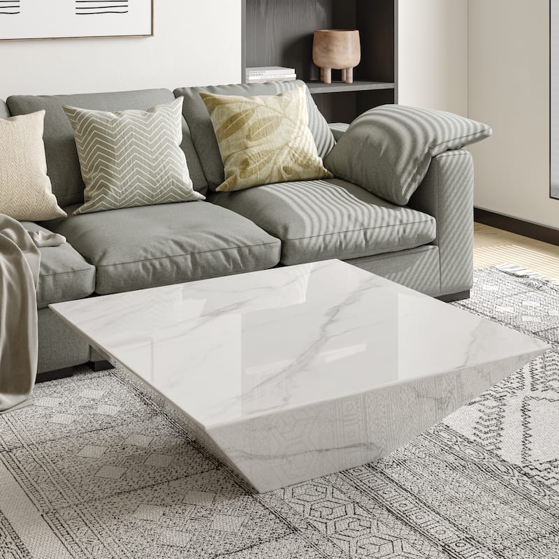 Modern Square Coffee Table, Trapezoid White Sintered Stone Coffee Table, Fully-assembled