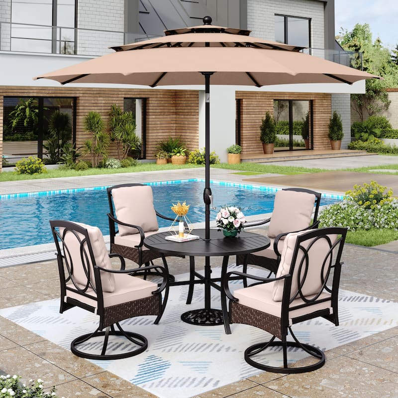 MAISON ARTS 6-Piece Metal Patio Outdoor Dining Set with Beige Cushions with 4 Swivel Dining Chairs and Beige Umbrella - Beige
