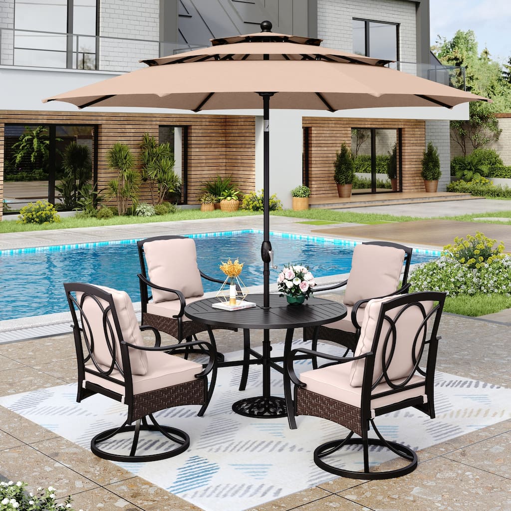 MAISON ARTS 6-Piece Metal Patio Outdoor Dining Set with Beige Cushions with 4 Swivel Dining Chairs and Beige Umbrella