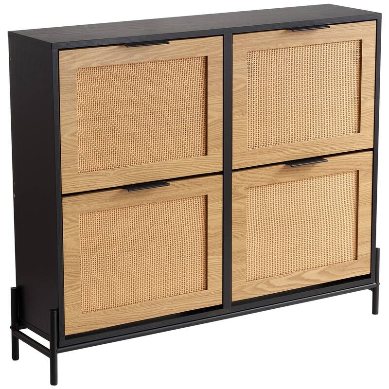 Slim Rattan Shoe Cabinet with Shelves and Drawers Wooden Entryway Organizer for Small Spaces - 40.94 x 9.45 x 34.65 inches