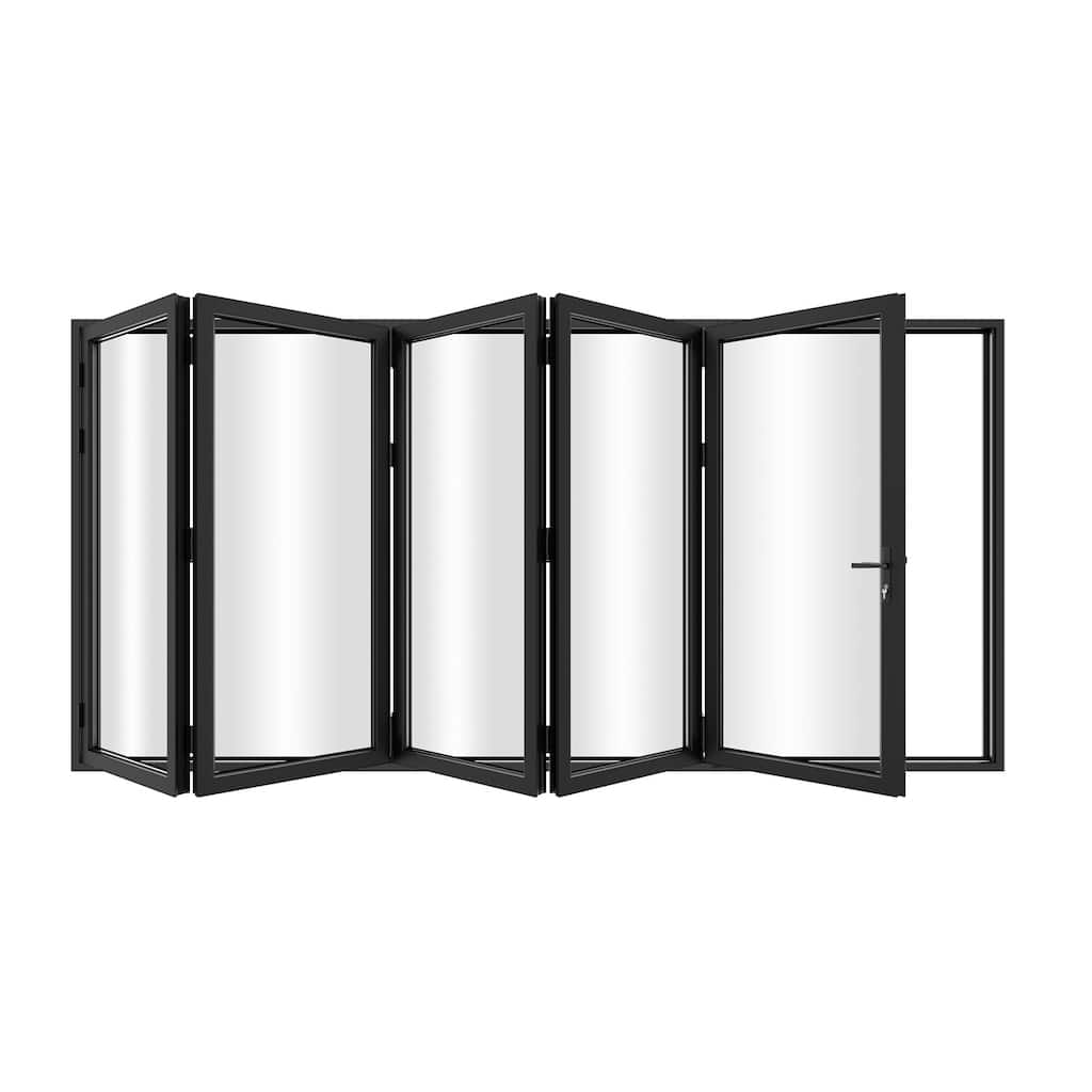 KaMic 168"×80" 5 Panels Aluminum Folding Door In Black,Folded Out From Right To Left Model #:FD5PBK16880-RL