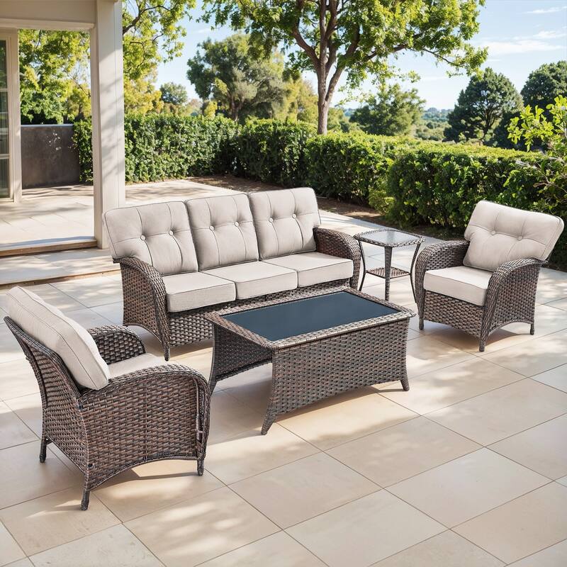 Gymojoy Outdoor Wicker Patio Furniture Set, 5" Thick Cushioned Rattan Conversation Set with Sofa & Chairs