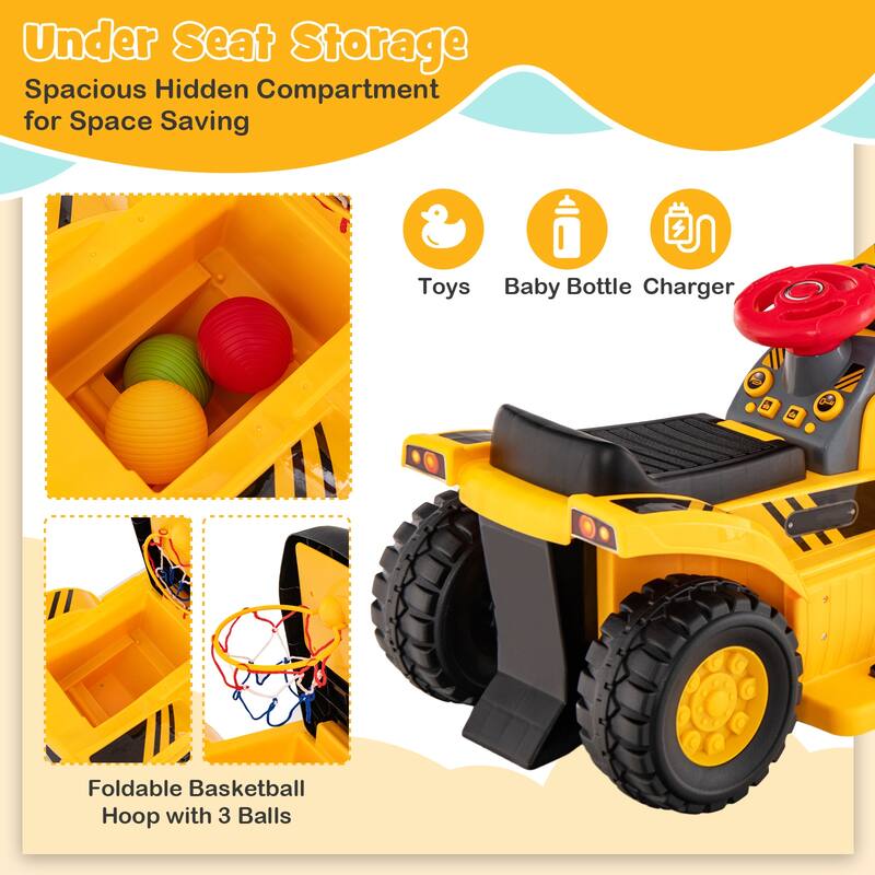6V Kids Ride On Bulldozer with Folding Basketball Hoop and Balls - 33" x 14" x 17" (L x W x H)