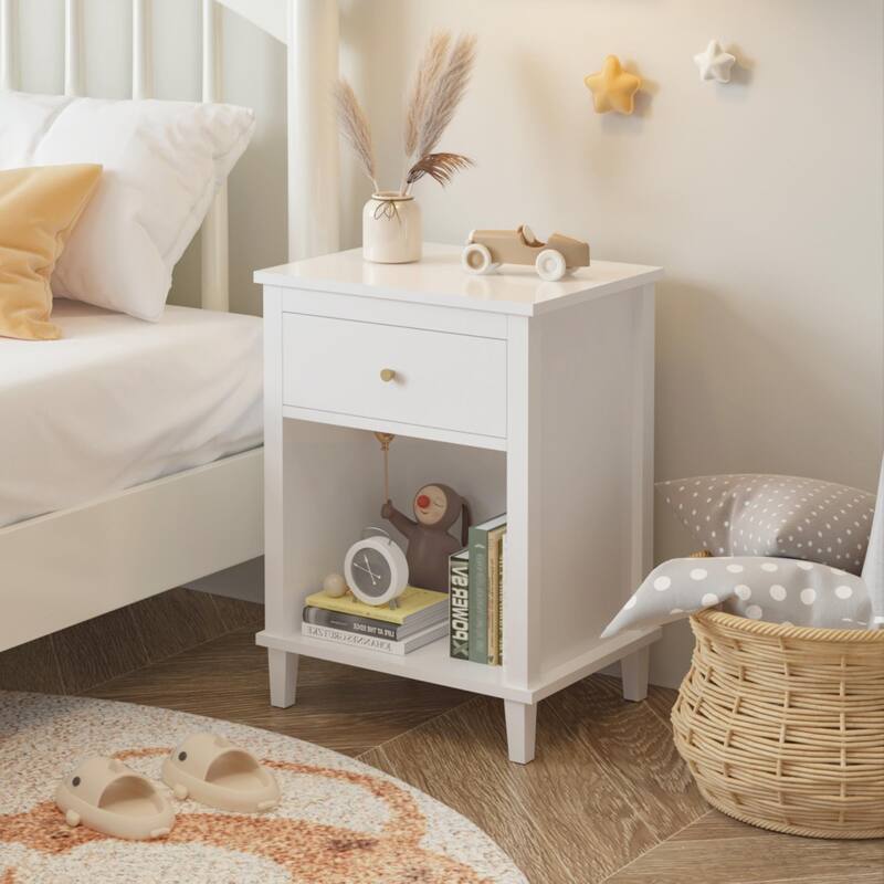 26.77''H Wooden Nightstand with One Drawer One Shelf for Kids, Adults, White - White
