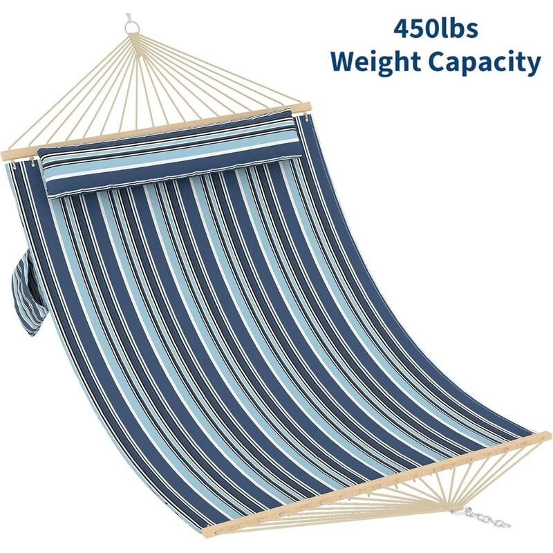 Double Quilted Fabric Hammock, 450 LBS Capacity for Outdoor Patio Backyard Poolside - Blue Stripes