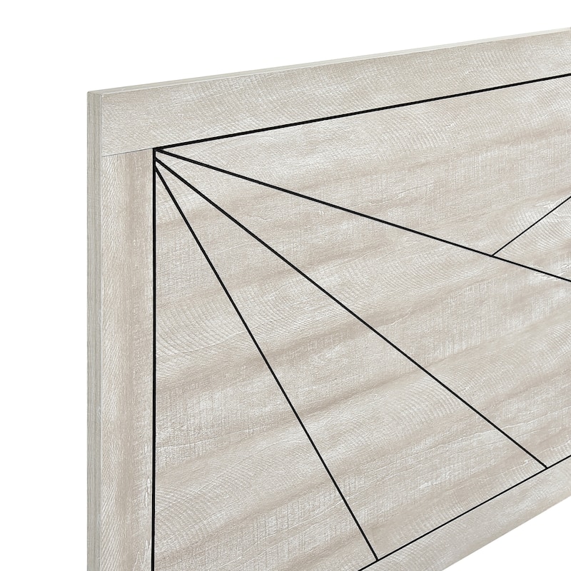 King Size Oak Panel Bed with Line Pattern Headboard and Contemporary Design