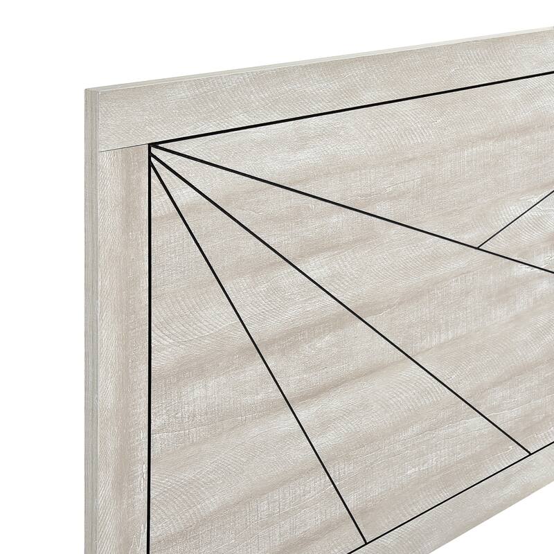 Queen Size Oak Wood Contemporary Panel Bed with Line Pattern Headboard