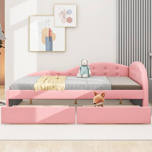 Pink Full Size PU Upholstered Tufted Daybed Wood Platform Bed Frame