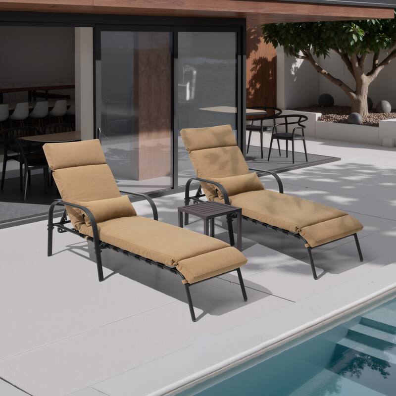 Outdoor Cushioned Chaise Lounge Chairs Adjustable Reclining Sun Lounger with Side Table - Tan - Set of 3
