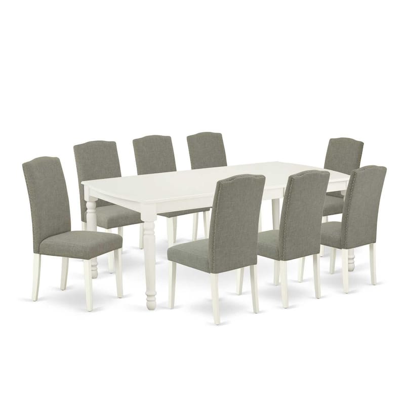 Nordic Dining Table Set 9Pc - 60x78 Inch Rectangle Table w/ Leaf & 8 Chairs - Linen White Legs