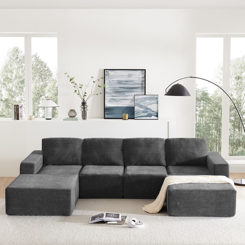 Modular U-Shaped Sectional Sofa with 2 Ottomans, Chenille Cloud Floor Couch, Fully Compressed Upholstered Sofa