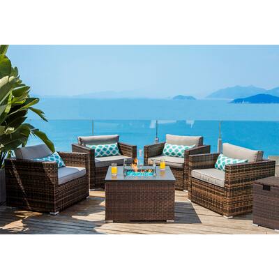 COSIEST 6-Piece Outdoor Chairs w Brown Propane Fire Pit Coffee Table