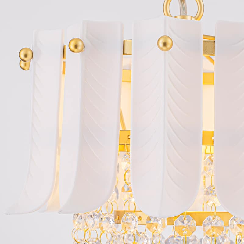 Brushed Gold Crystal Pendant Light with White Ceramic Shades Dining - Dia.9.84-in