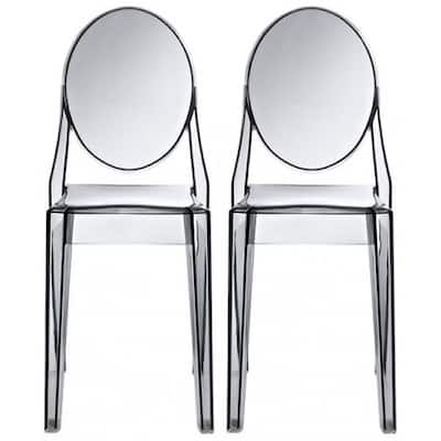 Set of 2 Stackable Victorian Acrylic Dining Chair, UV Resistant Clear Ghost Kitchen Vanity Chairs for Indoor Outdoor Use, Smoke