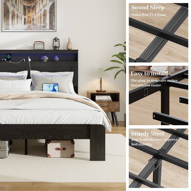 King Size Wood Platform Bed Frame with Storage Headboard, USB Ports, and LED Lights, Easy Assembly, Dark Black