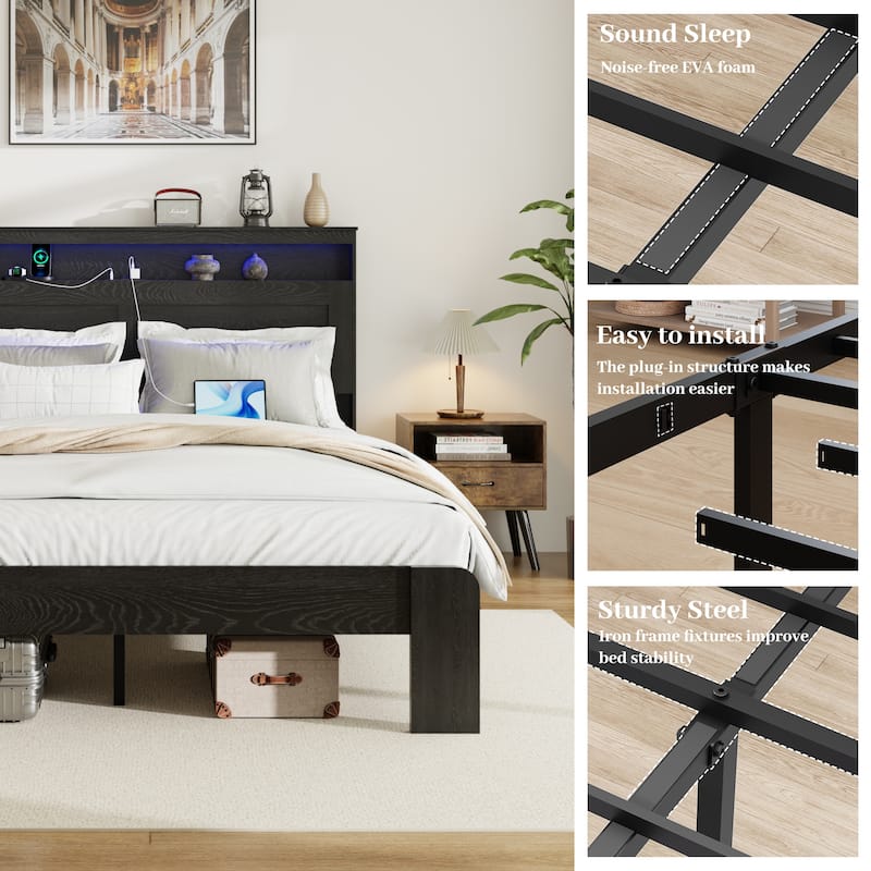 Wood Platform Bed Frame with Storage Headboard Built-in LED Light and 2 USB Ports, Low Profile Bed with Metal Slats Support