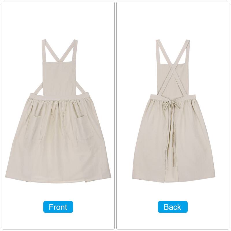 Cotton Linen Aprons Cross Back Pinafore Work Dress with Pockets - 43.3 inch