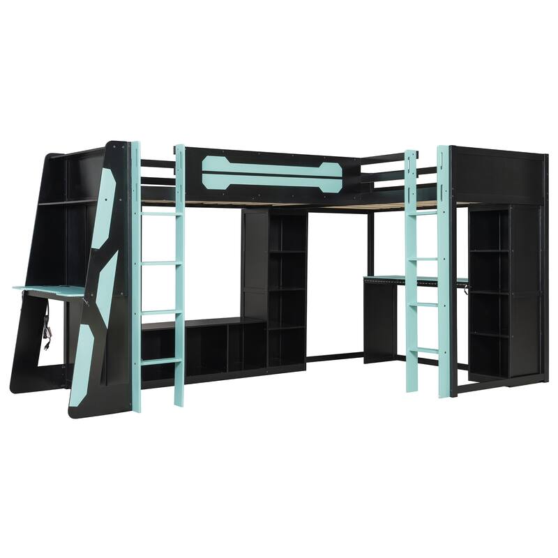 L-shaped Bunk Bed Twin Size Gaming Loft Bed with Desks, TV Stand, Shelves, Light Strip, Charging Station and Reversible Layout