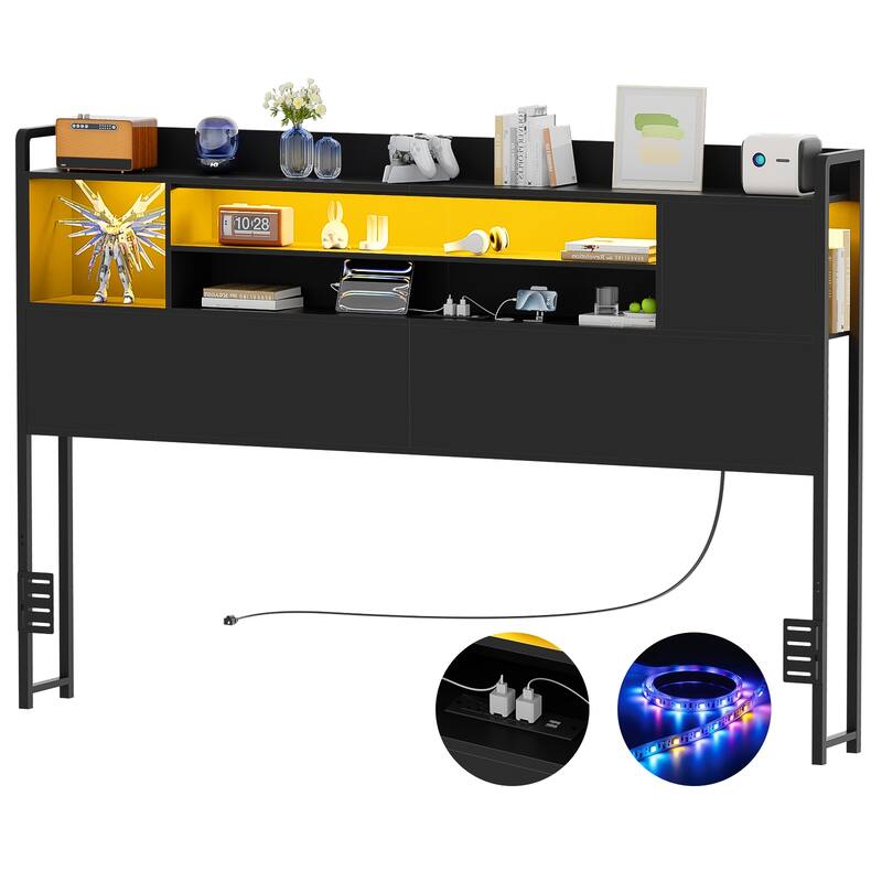 Storage Headboards with Power Outlet and LED Light, Head board with Storage Shelves for Bed Frame