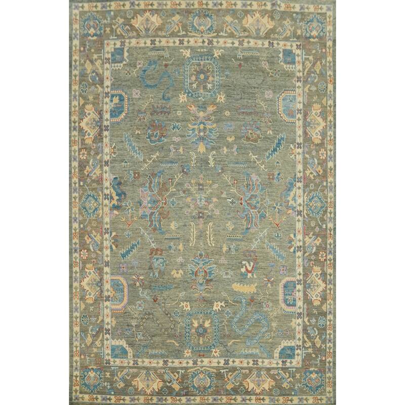 Handmade Gray Oushak Vegetable Dye Area Rug, Floral Geometric Carpet - 11' 10'' X 9' 2''