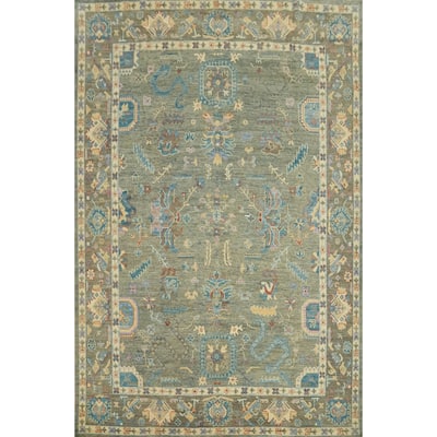 Handmade Gray Oushak Vegetable Dye Area Rug, Floral Geometric Carpet - 11' 10'' X 9' 2''