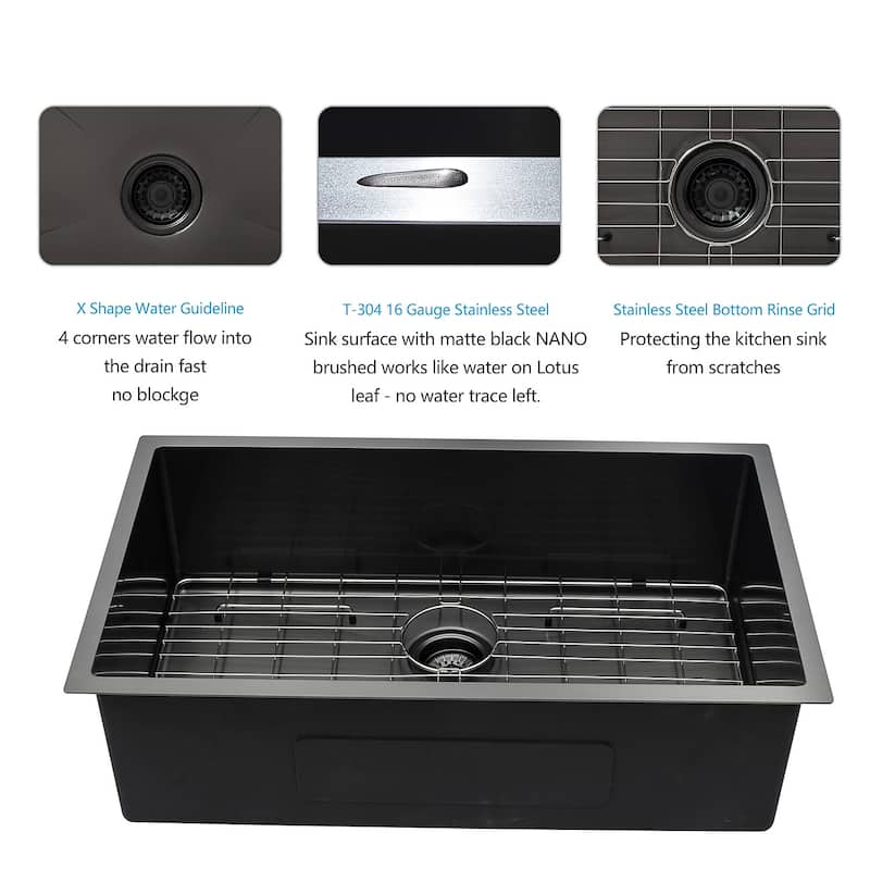 28 Inch Undermount 16 Gauge Single Bowl Stainless Steel Kitchen Sink in Gunmetal Black - 28'' x 18'' x 10''