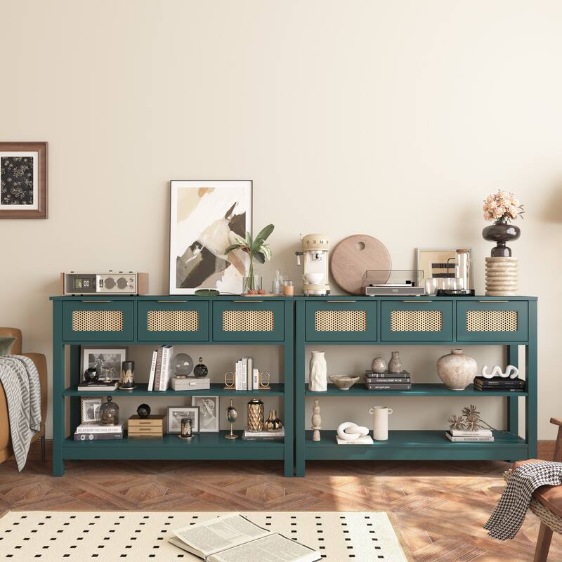 Anmytek Teal Rattan Entryway Console Table with 3 Drawers Adjustable Shelves Boho Chic Storage