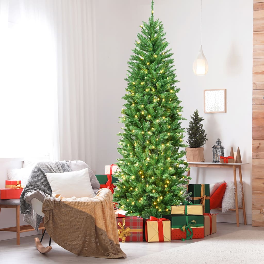 Gymax 7 ft Pre-lit Pencil Christmas Tree Hinged Fir Tree Holiday Decor - See Details