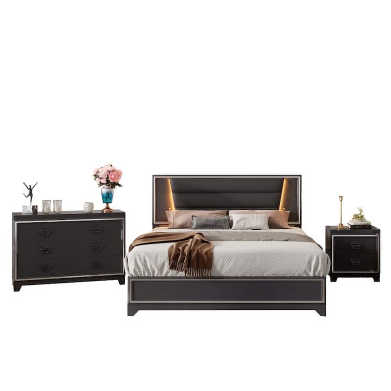3-Pieces Bedroom Sets Queen Size Upholstered Bed