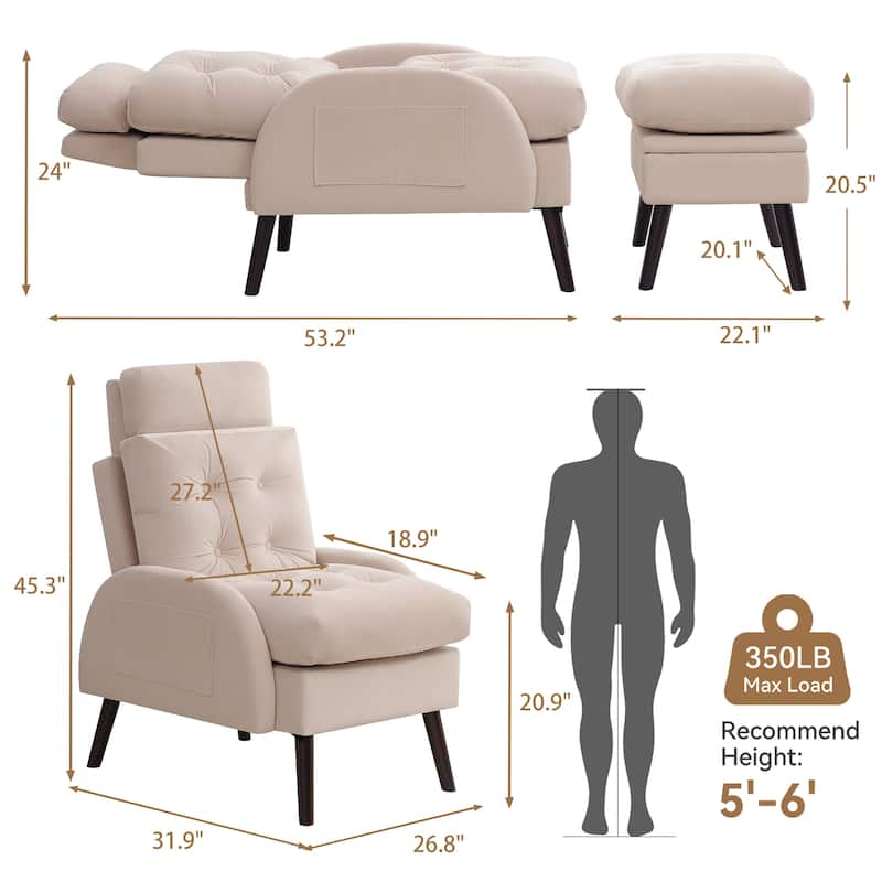 HOMYKA Upholstered Chaise Lounge Chair with Adjustable Backrest Storage Ottoman