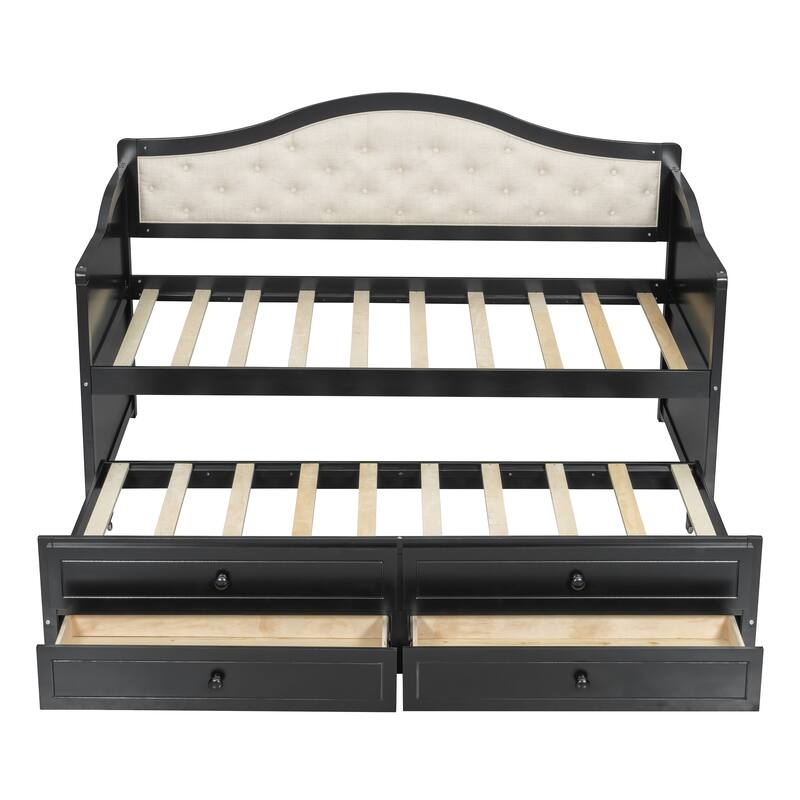 Roomfitters Twin Daybed with Trundle, Wooden Sofa Bed with 2 Storage Drawers & Tufted Backrest