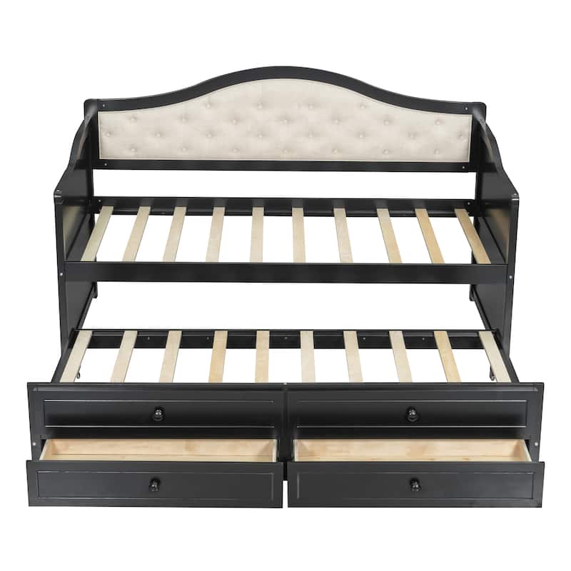 Wooden Frame Day Bed, Twin Size Daybed with Trundle Bed, Upholstered Tufted Button Backrest Sofa Bed with 2 Storage Drawers