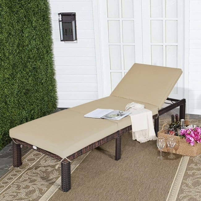 Outdoor Wicker Chaise Lounger with Adjustable Backrest for Relaxation - 77.5" x 26" x 14"-32" (L x W x H)