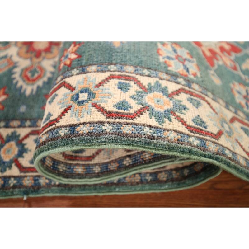 Geometric Green Kazak Oriental Runner Rug Hand-Knotted Wool Carpet - 2'3" x 5'11"