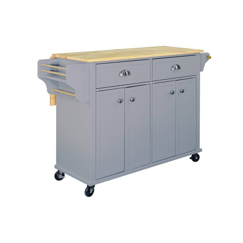 Farmhouse Wood Top Kitchen Island with 2 Drawer & Adjustable Shelves, Movable Storage Kitchen Cart with Spice Rack & Towel Bar