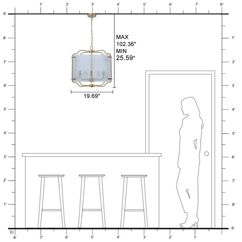 5-Light Gold Square Chandelier with Clear Textured Glass Ceiling Fixture - Dia.19.69-in