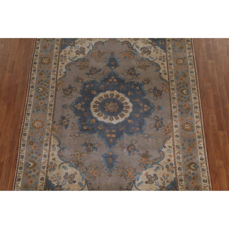 Distressed Brown Over-Dyed Tabriz Persian Vintage Rug - 6'8"x 9'6"