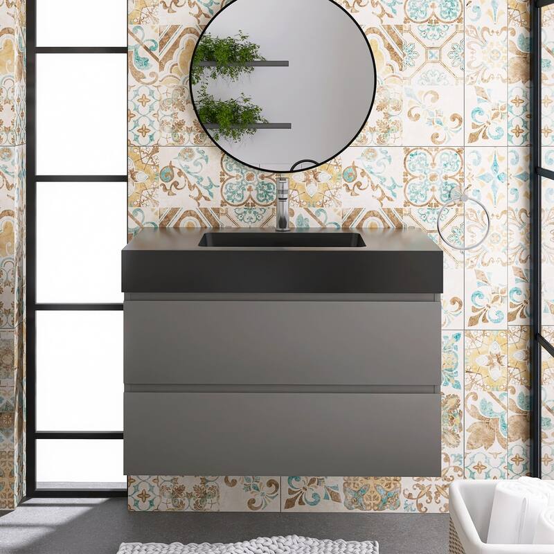 24"/30"/36" Wall-Mounted Bathroom Vanity Set with Black Integrated Quartz Sand Sink - 36" x 18" - Painted - Grey