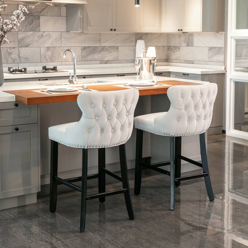 Velvet Wingback Bar Stools Set of 2, Button Tufted Dining Chairs with Footrest, Upholstered Counter Stools with Wooden Legs