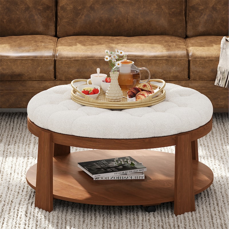 Modern Large Round Ottoman Coffee Table 2-Tier Oversized Button Tufted Ottoman with Wood Shelf Storage Upholstered Coffee Table