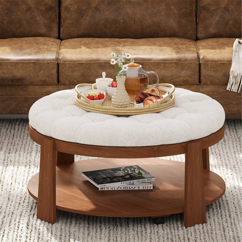 Modern Round Ottoman Coffee Table with Wood Shelf Storage Upholstered Coffee Table for Living Room Footrest Ottoman with wheel