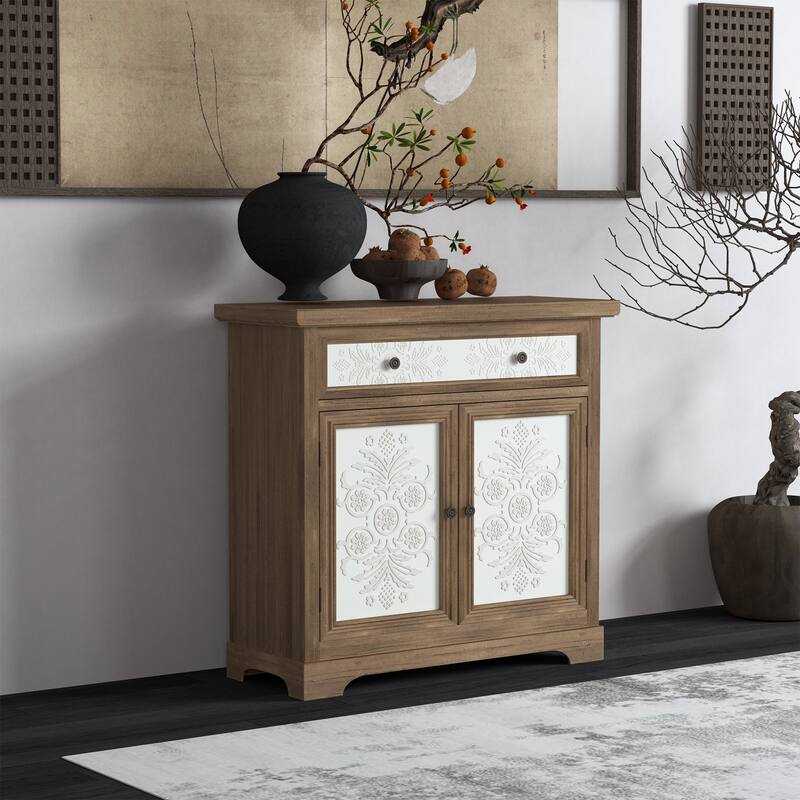 Rustic Vintage Accent Cabinet with Carved Floral Panels, Distressed Wood Sideboard with Drawer and Double Doors
