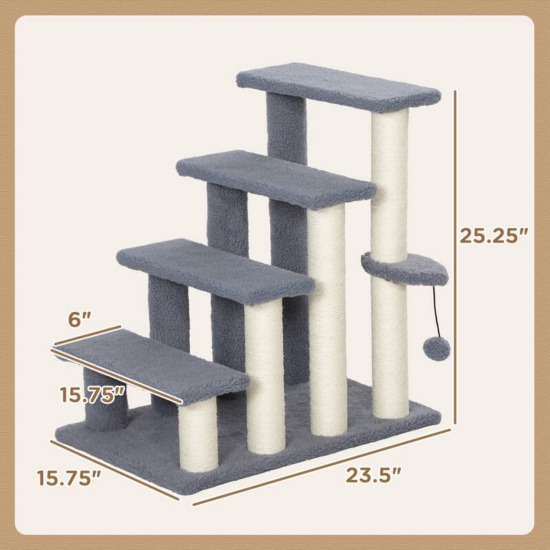 4 Levels Cat Steps, Pet Stairs Carpeted Ladder, Kitten Tree Climber with Scratching Posts, Hanging Play Ball, Side Step - Gray