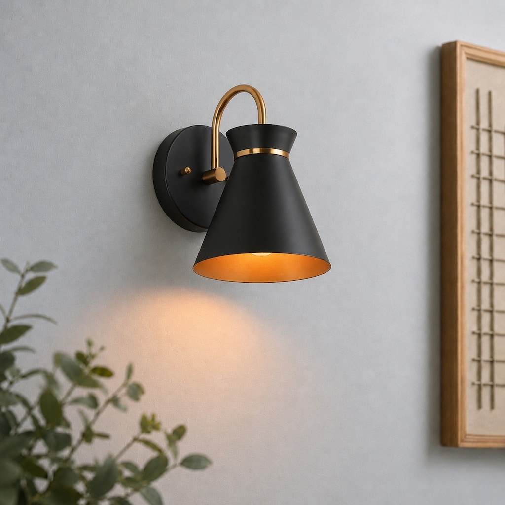 Modern Industrial 1-Light Black Gold Wall Sconce Lighting with Metal Shade - 6" L x 7" W x 8.5" H