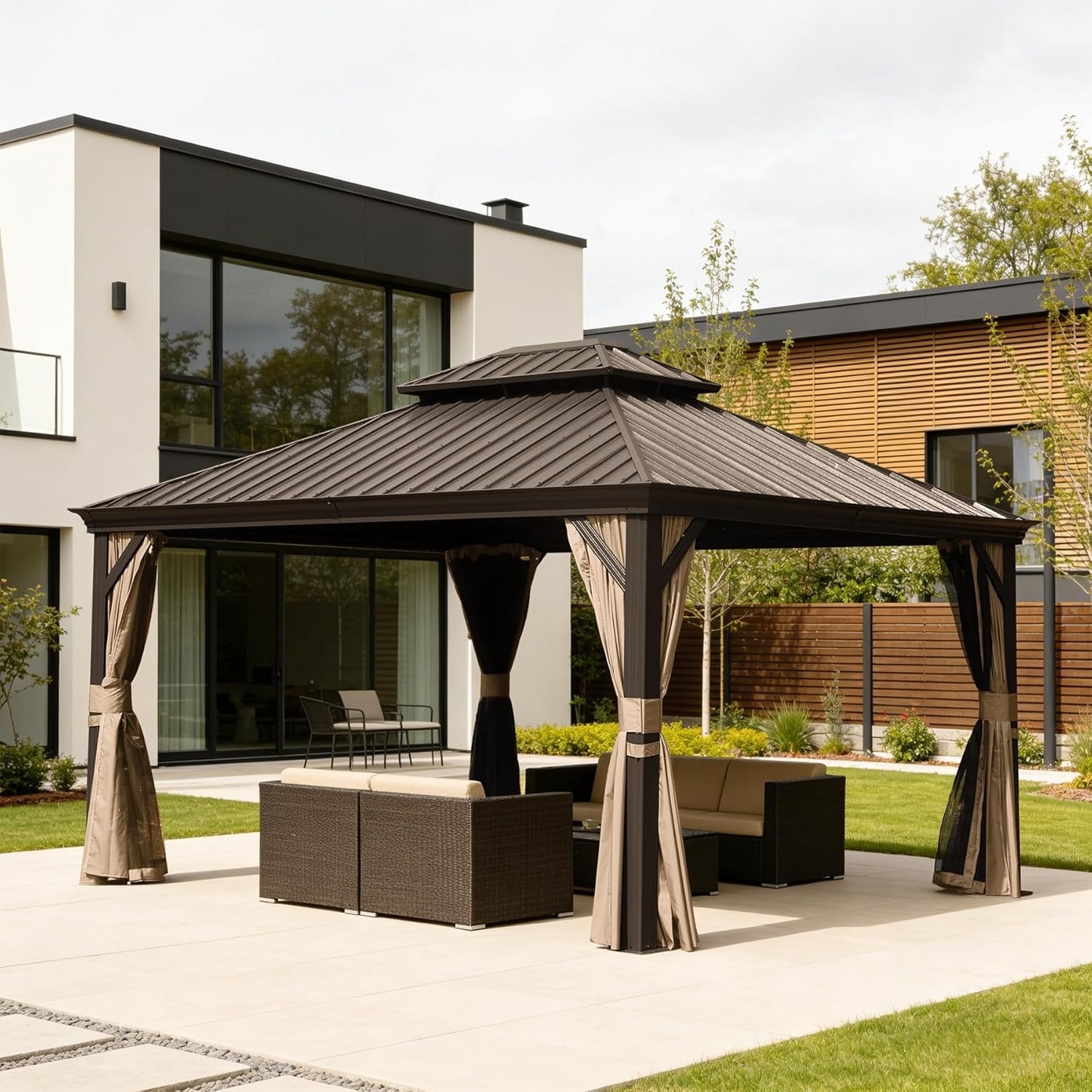 GDFStudio - 11x13FT Outdoor Hardtop Gazebo with Galvanized Steel Double Roof & Drainage System