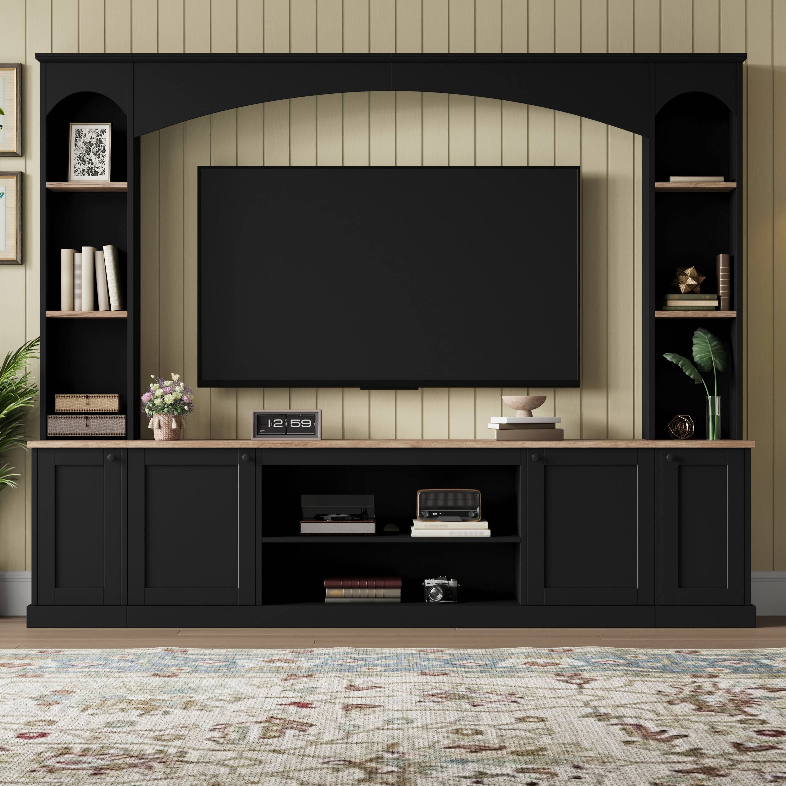 91" Arched Entertainment Wall Unit, Farmhouse TV Stand Fits 70" TVs, Bookshelf & Adjustable Shelves.