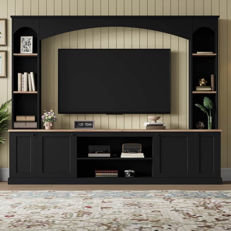 91" Farmhouse Arched Entertainment Center for TVs Up to 70" - Wood Grain TV Stand with Bookshelf & Adjustable Shelves