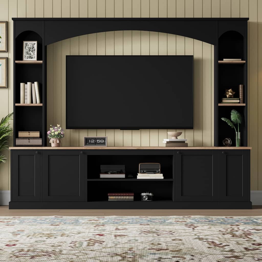 Rossetta Retro Elegant Arched Design Wooden Grain Entertainment Center with Adjustable Shelves and Bookshelf, up to 70"