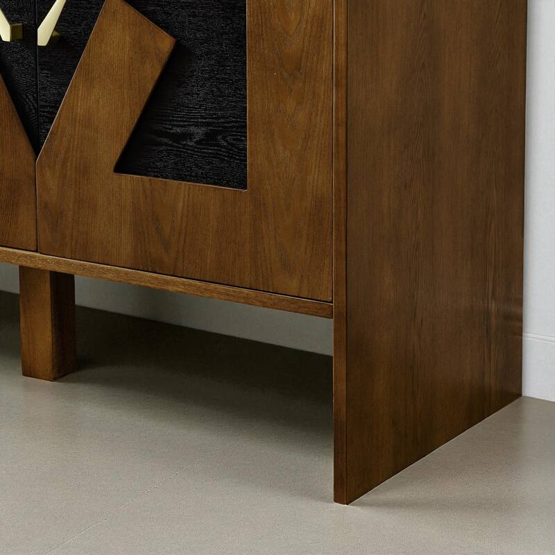 60" Mid Century Sideboard Buffet Cabinet with Geometric Pattern, Adjustable Shelves & Outlet Holes for Entryway