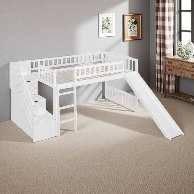 Twin Size Solid Wood Loft Bed with Stairway, Convertible Ladder, Slide, 2 Drawers for Storage, and Guardrails - White